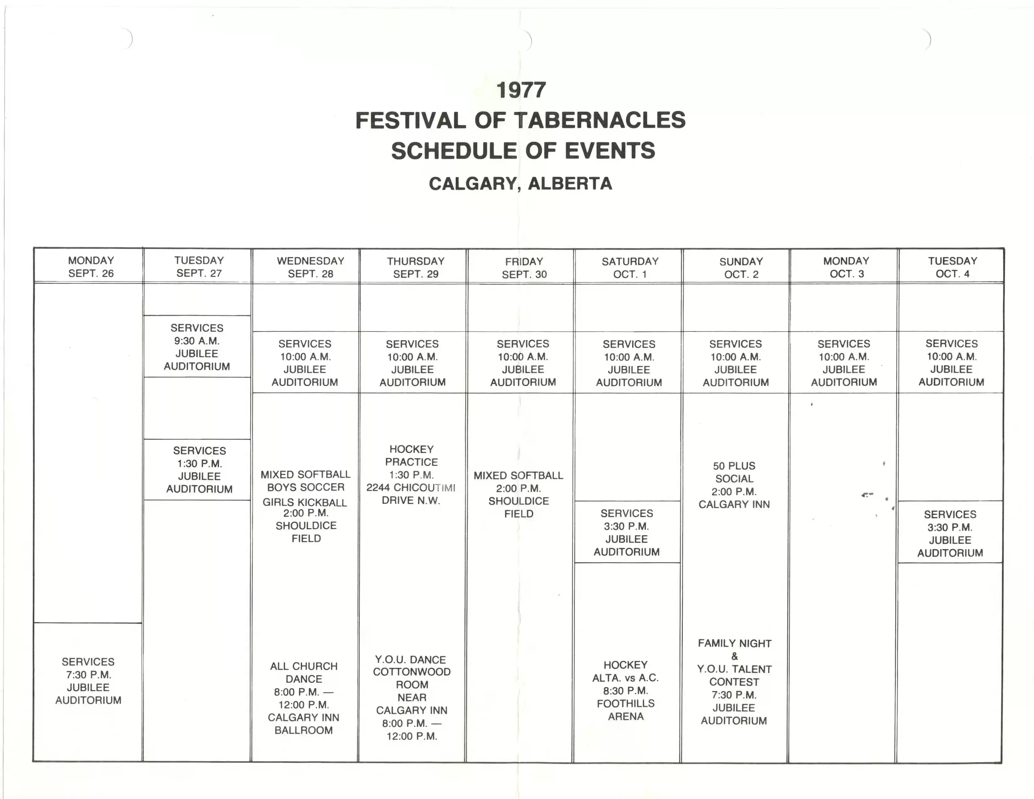 FoT schedule, Calgary, Alberta, 1977